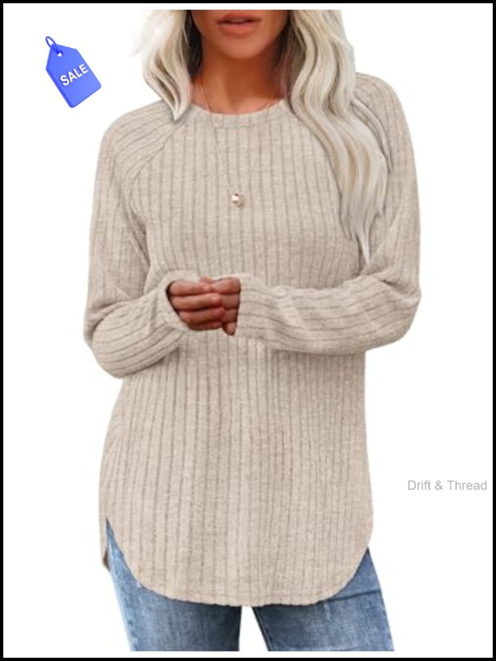 Women's Long Sleeve Tunic Top Loose Fit Crewneck Curved Hem